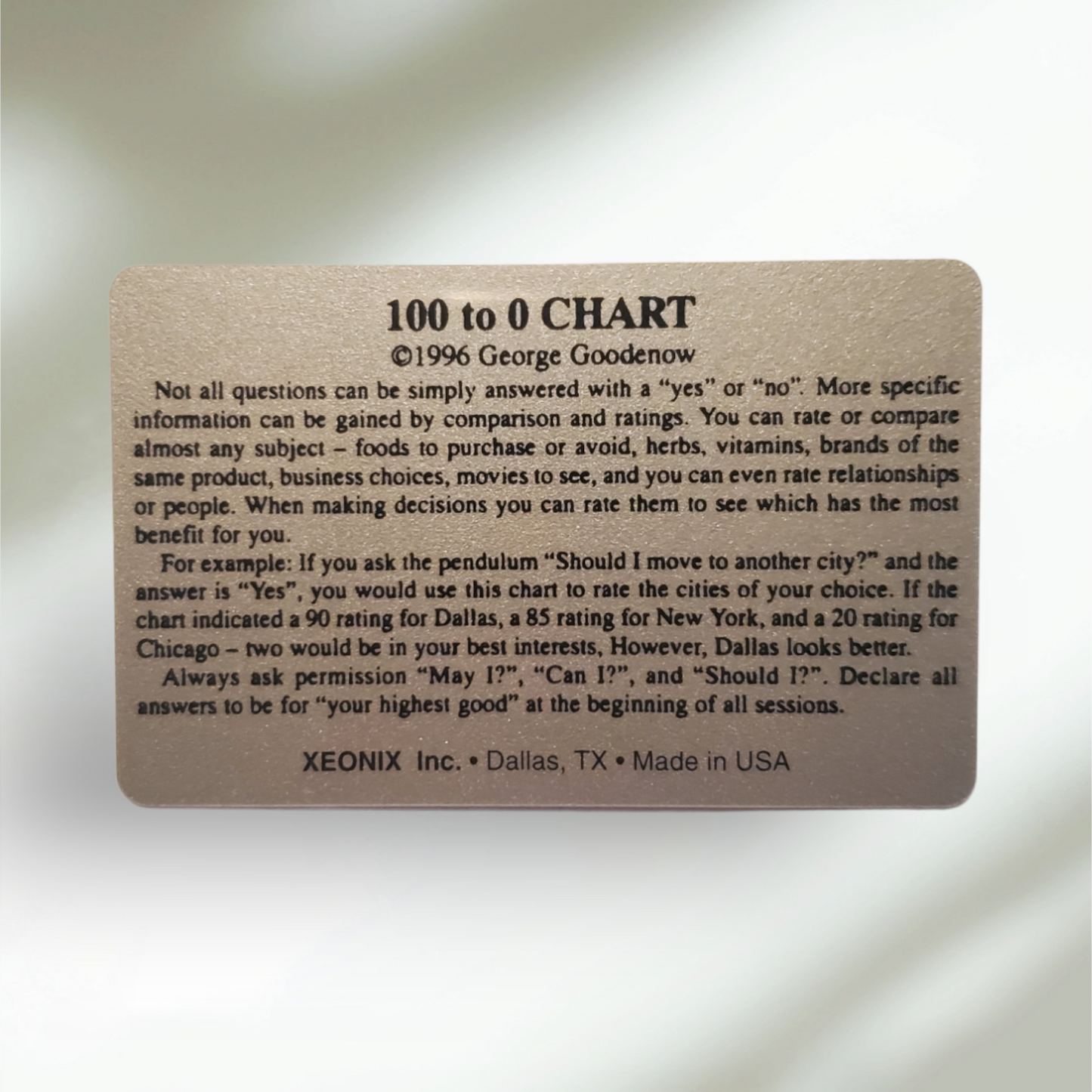 Pocket Size Dowsing Chart