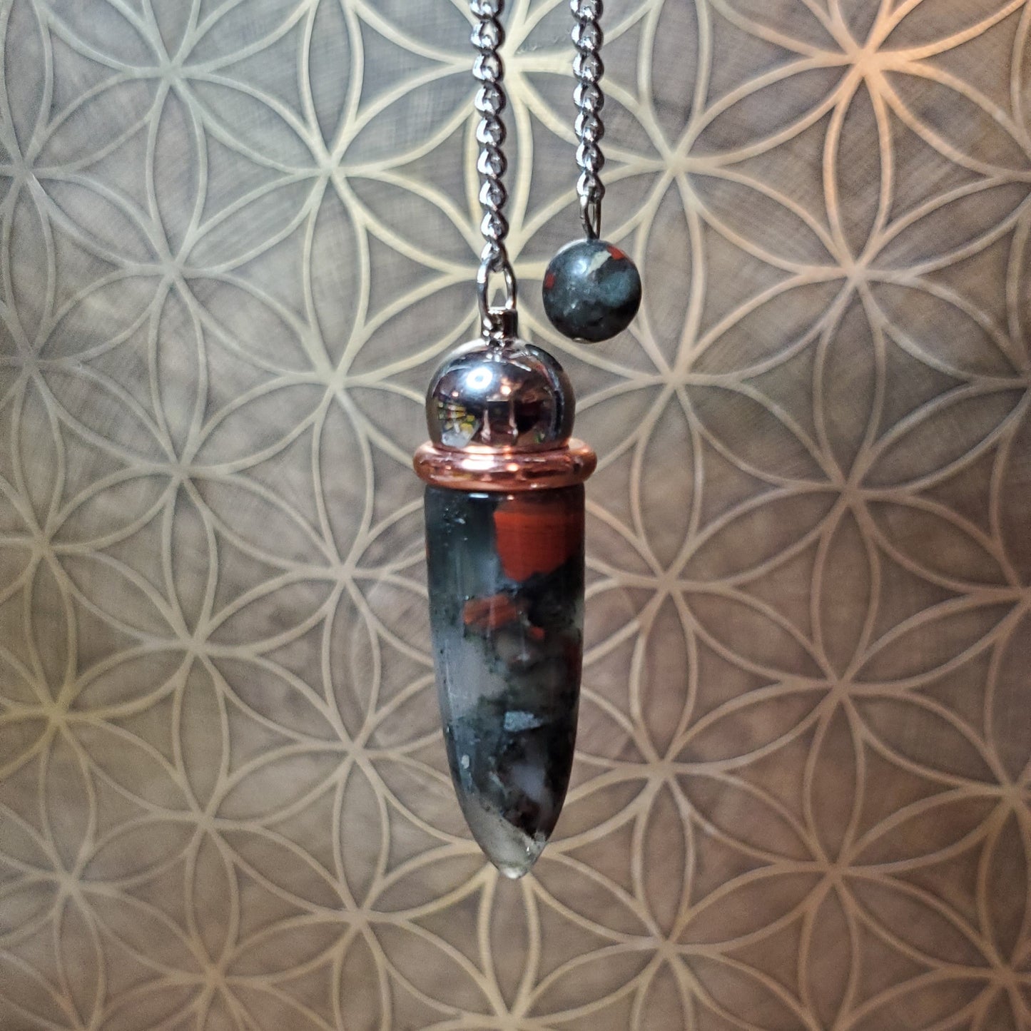 African Bloodstone Chamber Pendulum w/ Copper Energy Ring